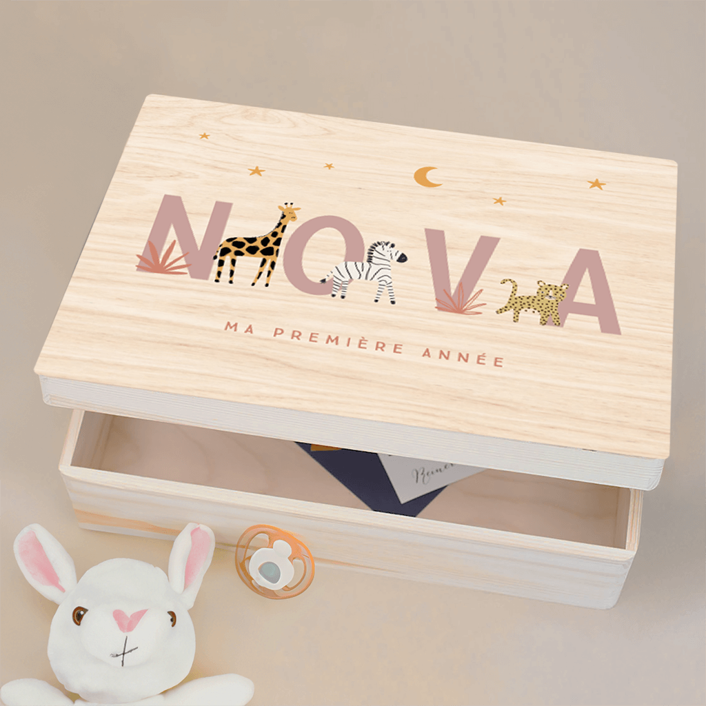 Boîte à souvenirs avec dessin zèbre, girafe et guépard