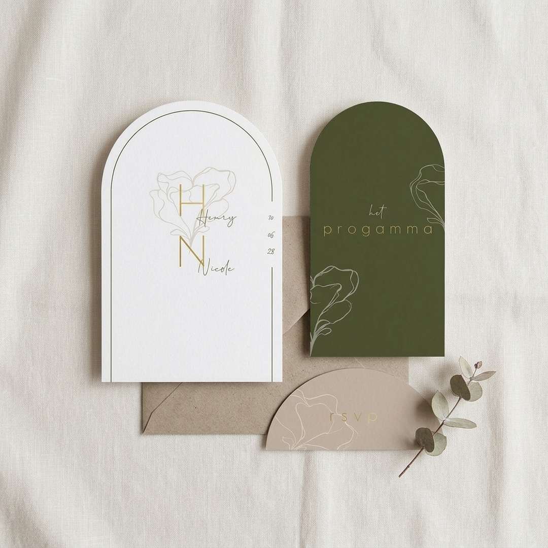 Trouwkaart set programmakaart rsvp kaartje schets bloemen