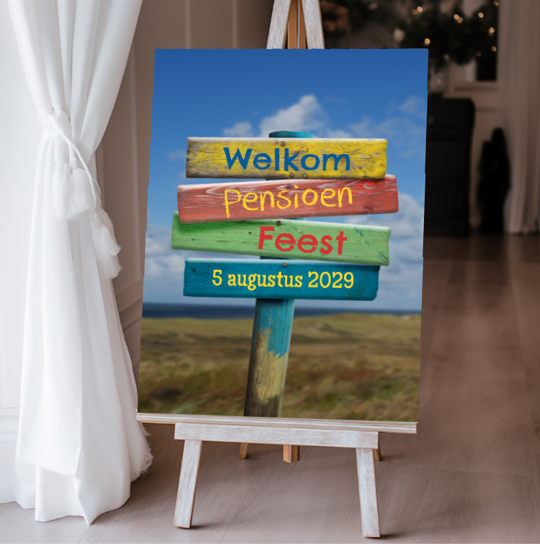 Welkomstbord pensioenfeest met gekleurde wegwijzer borden borden