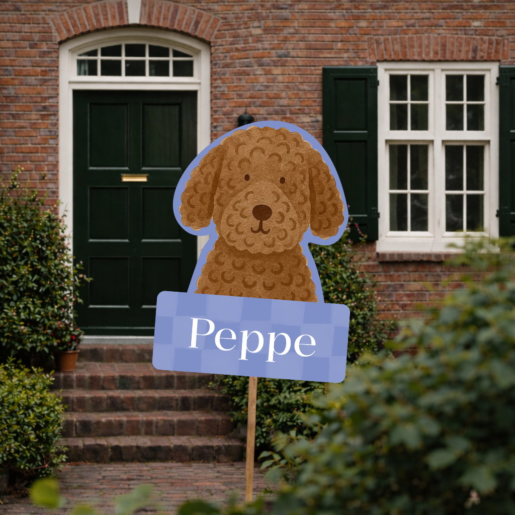 Tuinbord met hondportret – Persoonlijk geboortebord tuin