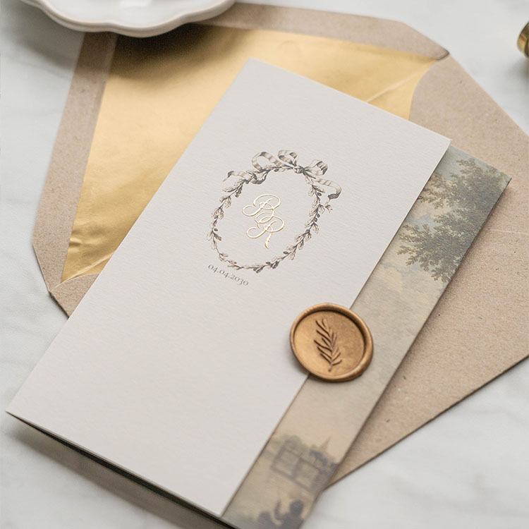 Vintage trouwkaart drieluik mapje met schilderij