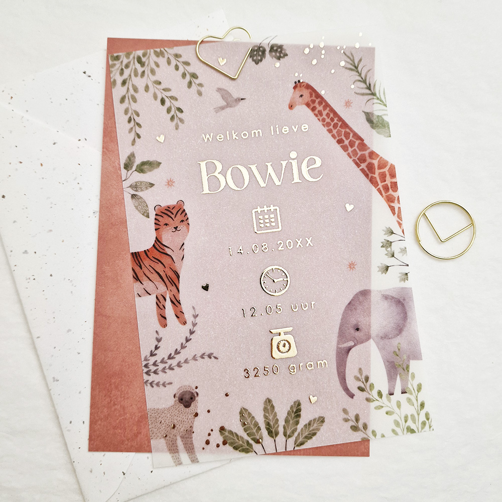 Geboortekaartje kalkpapier jungle dieren goudfolie