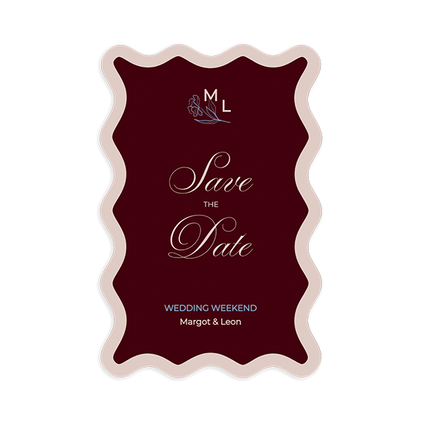Chique Save the Date bordeaux in wiggy vorm 