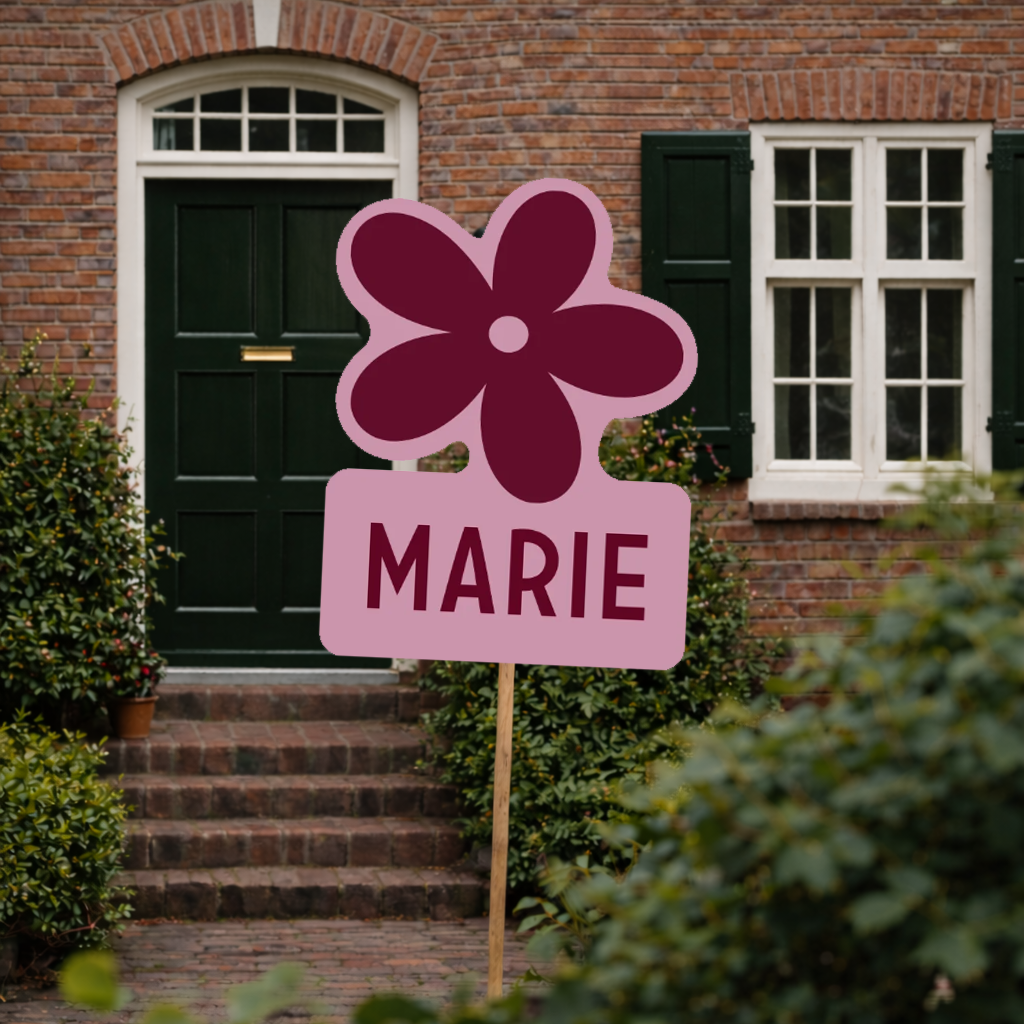 Tuinbord met bordeauxrode bloem