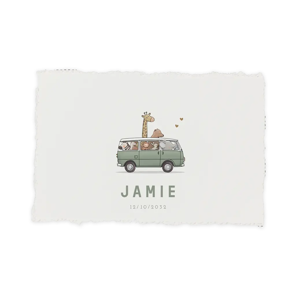 Geboortekaartje handgeschept papierlook busje met dieren in groen