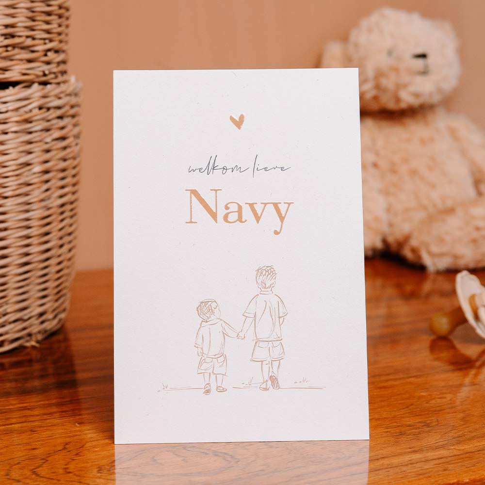 Geboortekaartje broertjes in neutrale kleuren en hoogglans naam