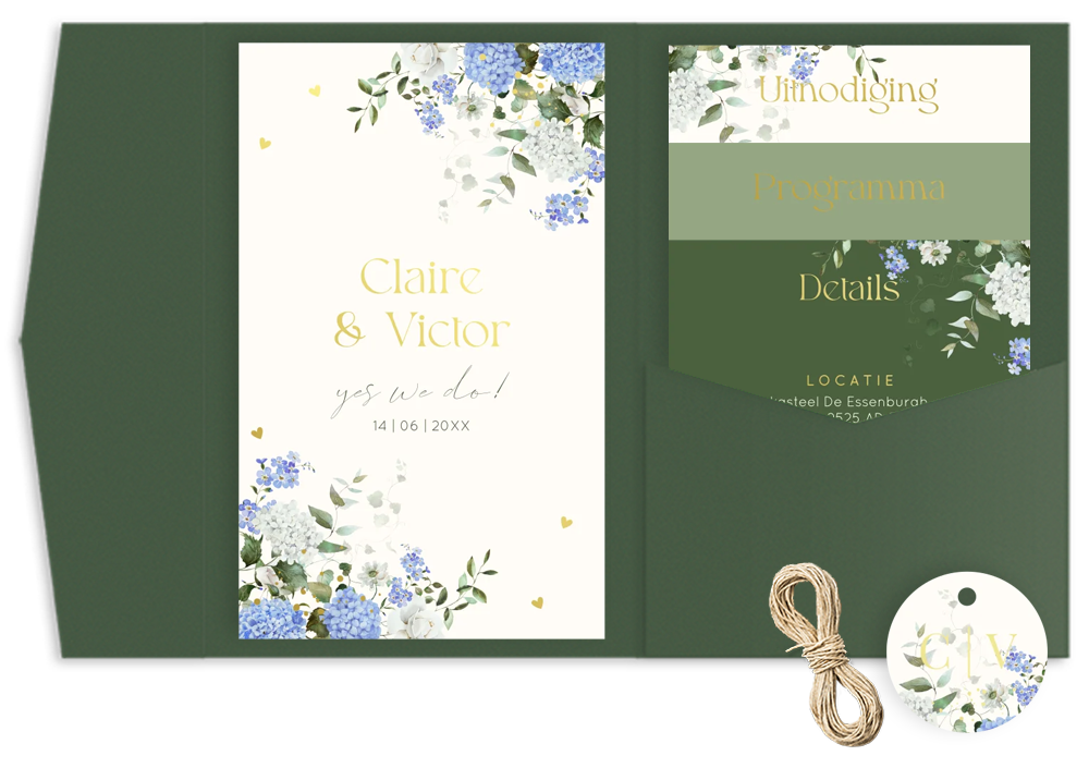 Pocketfold trouwkaart bloemen blauw landelijk hortensia goudfolie
