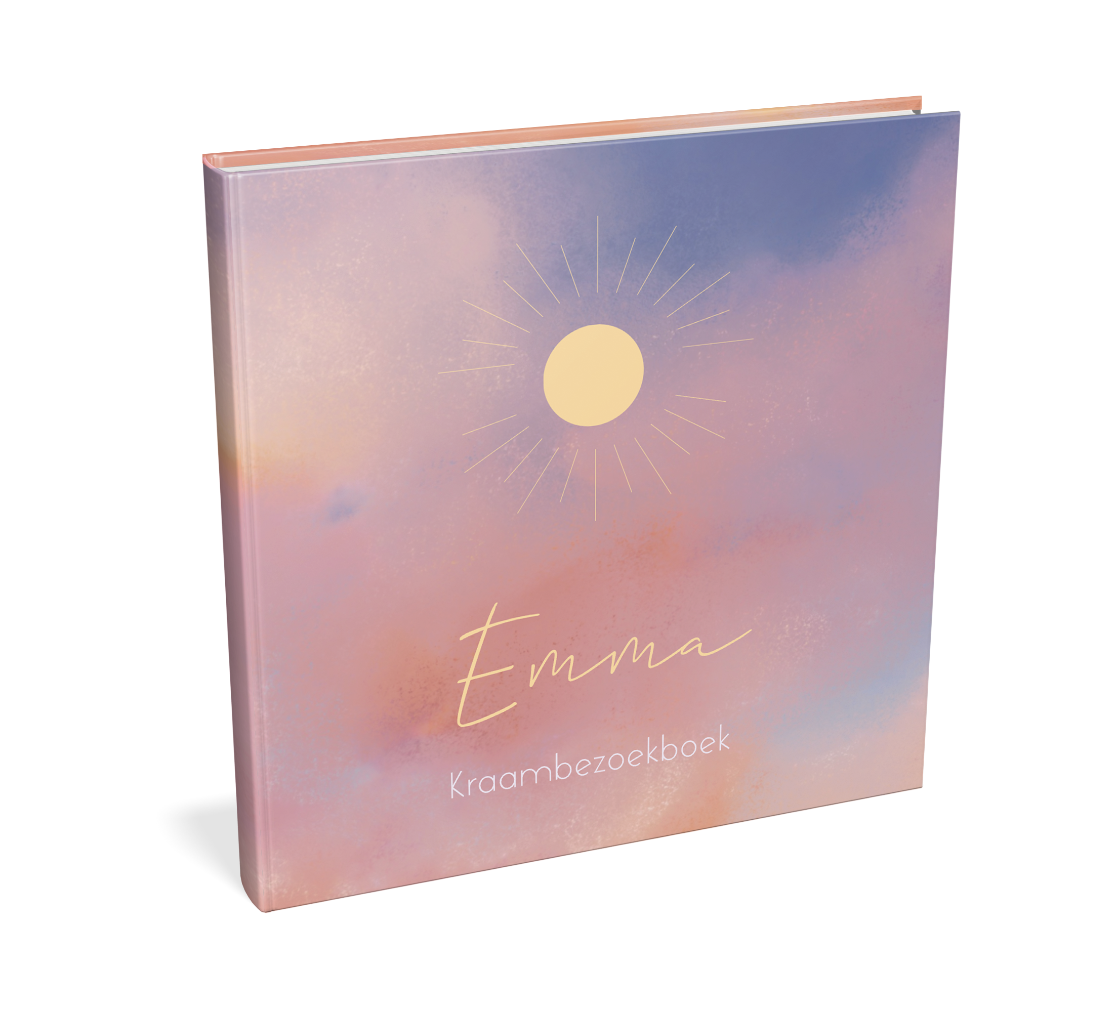 Sfeervol kraambezoekboek met kleurrijke lucht en zon