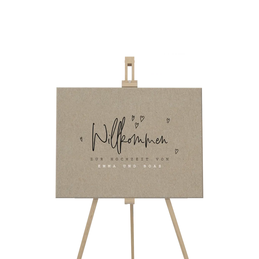 Willkommensschild mit schwarze Herzen und Kraftlook