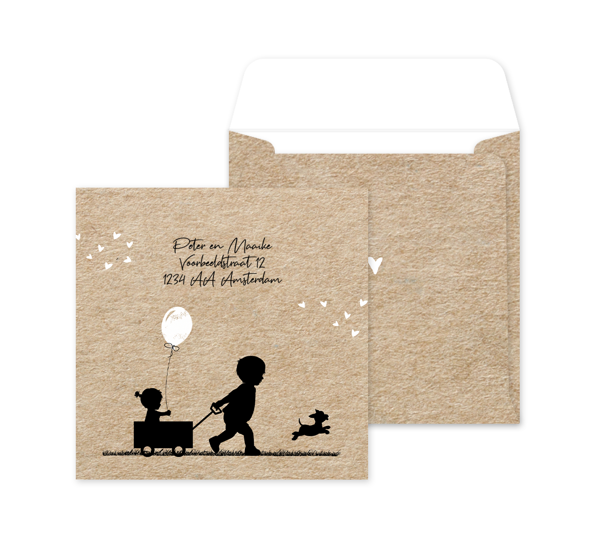 Envelop op maat met silhouetjes van grote broer met klein zusje