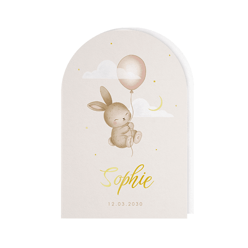 Geboortekaartje boogvorm met konijntje en goudfolie