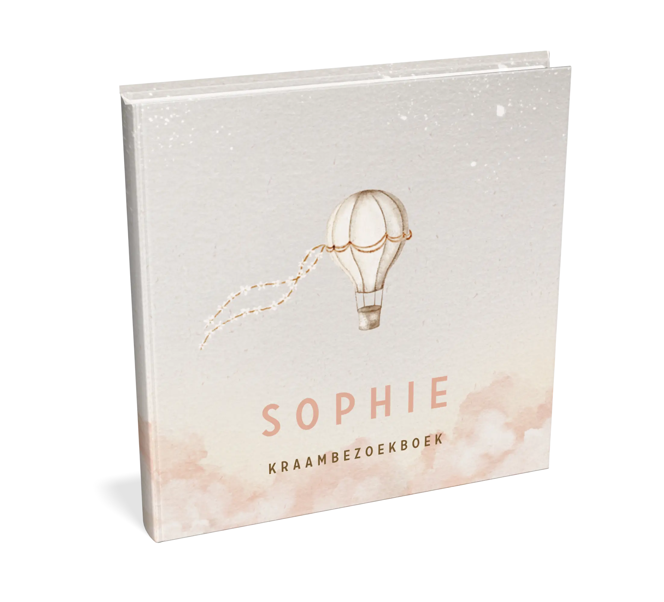 Dromerig kraambezoekboek met luchtballon en roze wolken