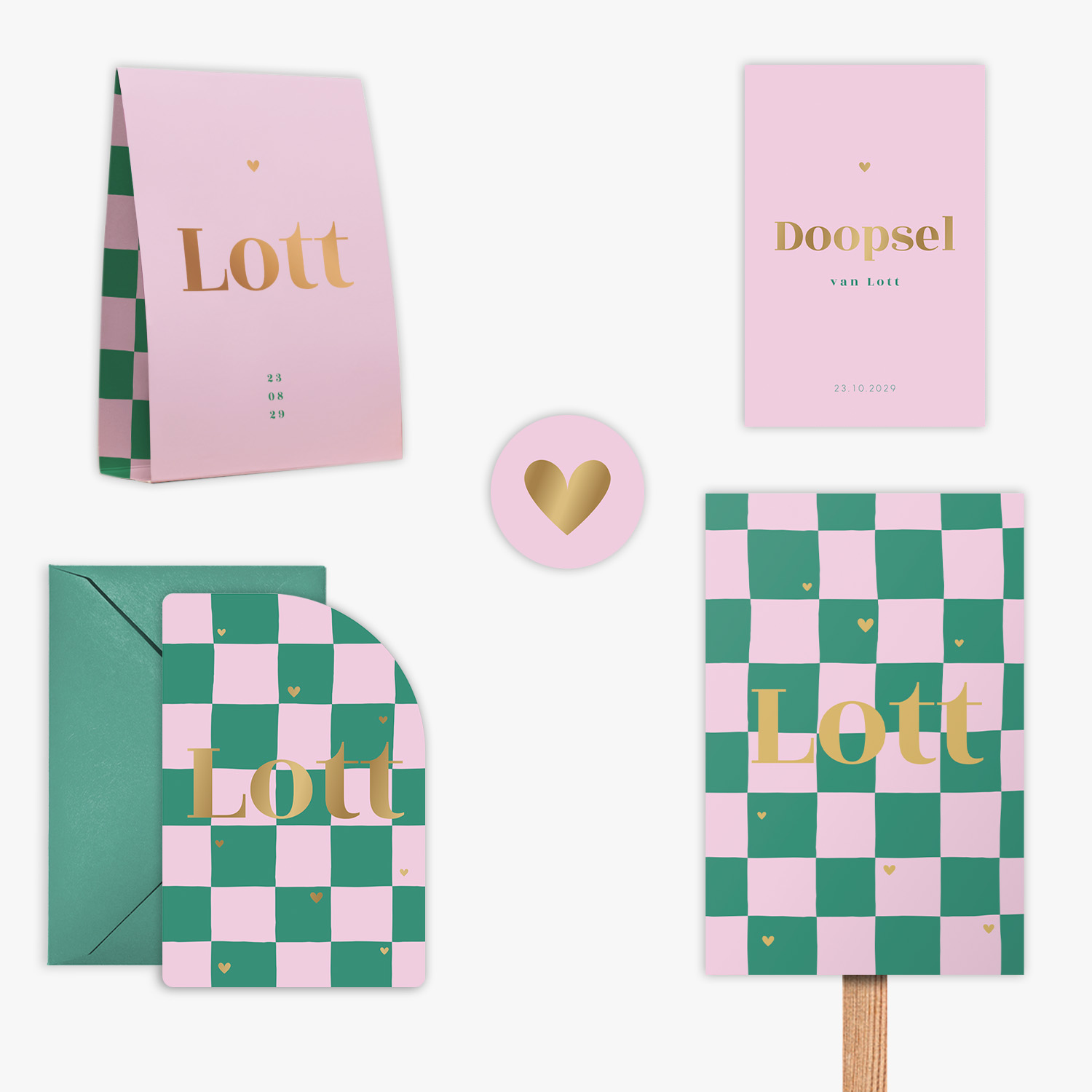 doorlink geboortekaartjes set checks and hearts