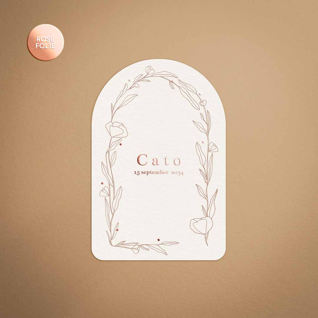 Trendy geboortekaartje met bijzondere vorm en roségouden details