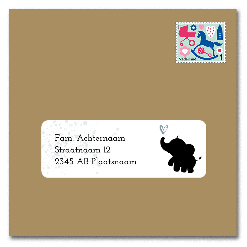 Adresstickers met zwart olifantje en grijsblauwe hartje