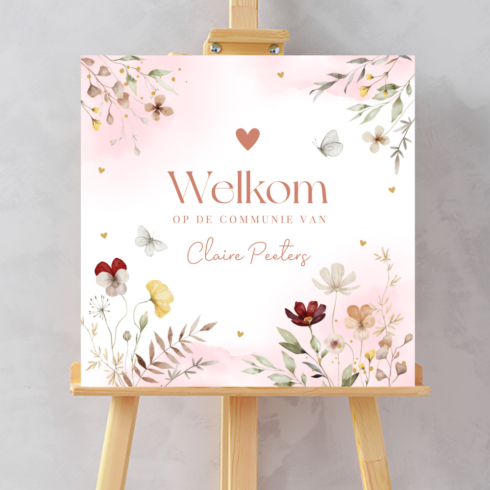 Welkomstbord communie meisje bloemen roze