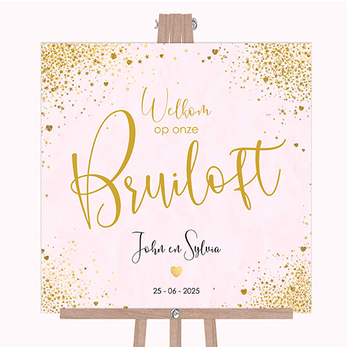 Welkomstbord bruiloft romantisch en feestelijk met gouden hartjes