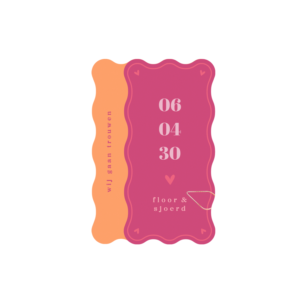 Trouwkaart stapelkaart in trendy roze kleuren met golvende rand