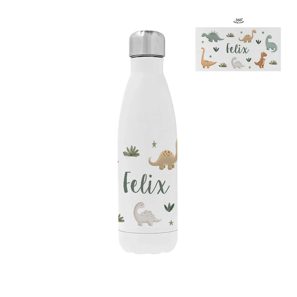 Trinkflasche aus Edelstahl mit Dinosauriern, Namen und kleinen Sternchen