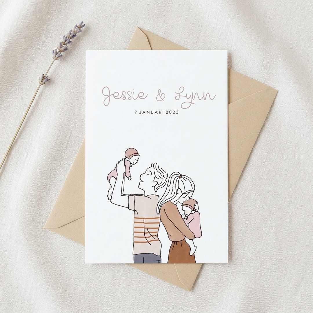 Geboortekaartje tweeling illustratie meisjes