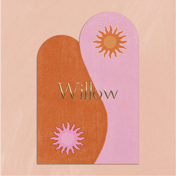 Uniek boogvorm geboortekaartje Yin Yang met Zonnen in Rood Roze