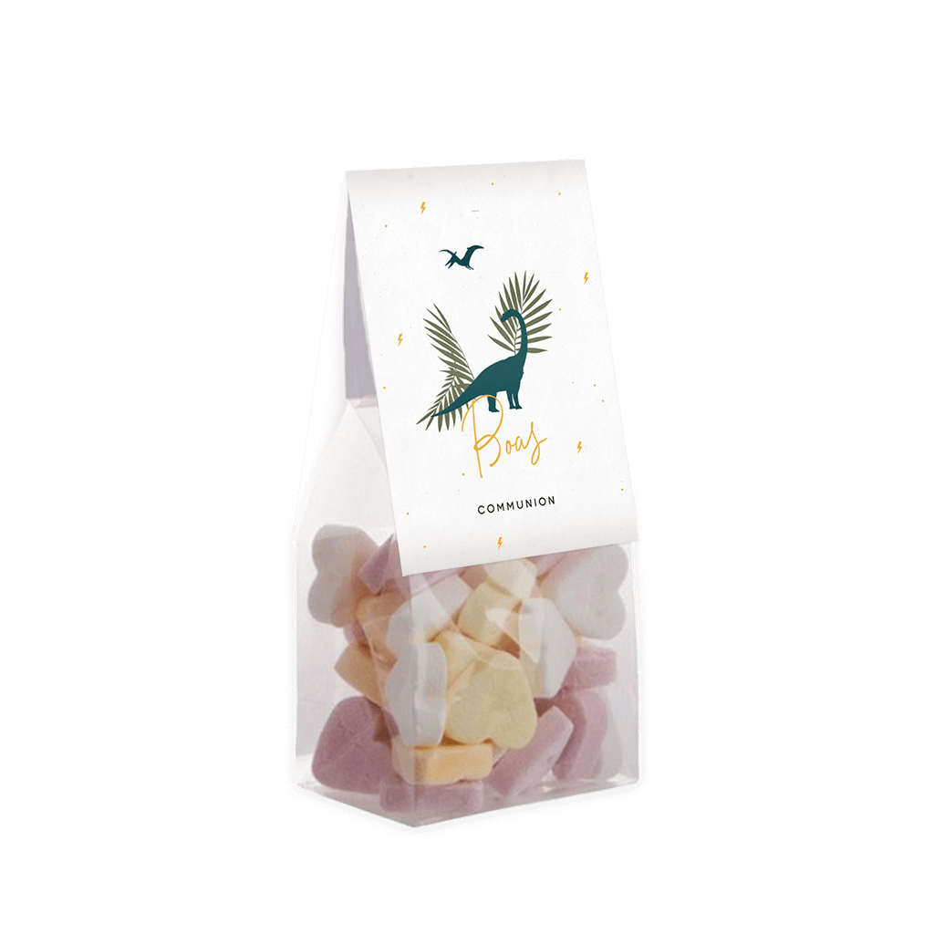 Étiquette de sachet à dragées communion avec dinosaure
