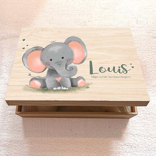 Houten memorybox jongen lief olifantje en naam