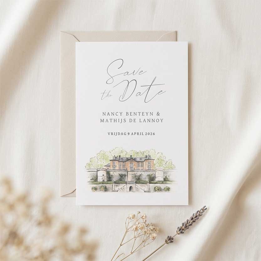 Klassieke Save the Date trouwlocatie Château Neercanne chique