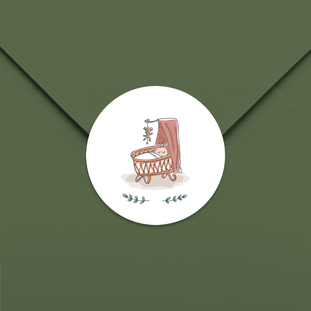 Sluitsticker met vrolijke illustratie wiegje - per 25 stuks