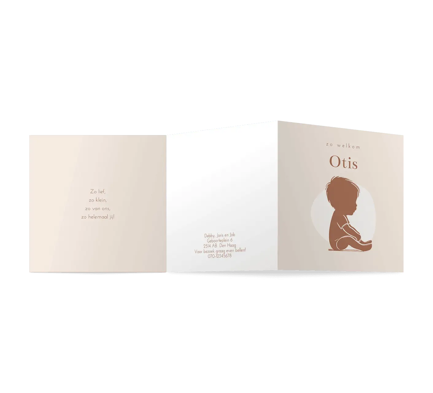 Zigzag geboortekaartje beige met silhouetje baby