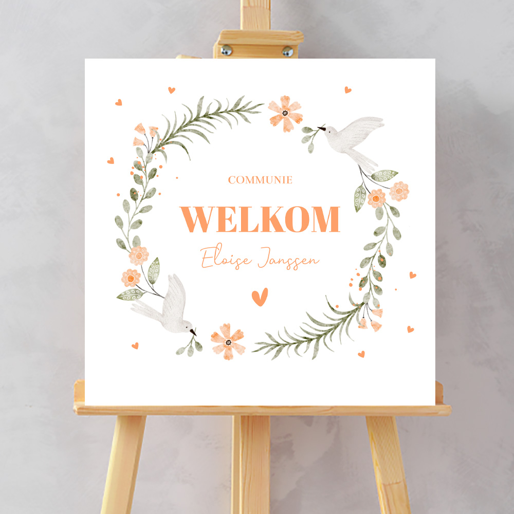 Welkomstbord bloemenkrans vogels oranje meisje