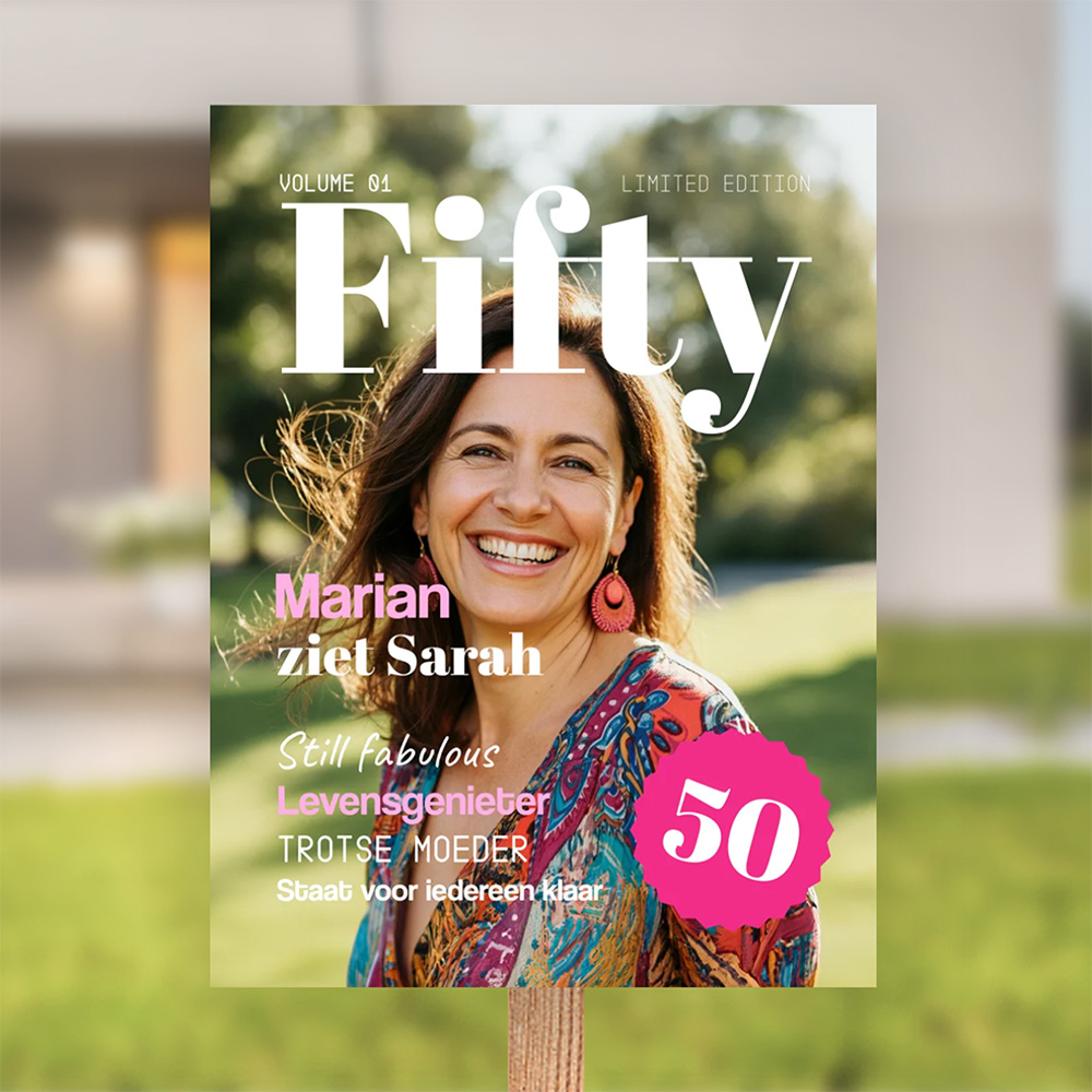 Tuinbord Sarah 50 jaar magazine cover en eigen foto