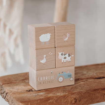 Houten blokken met boerderijdieren en naam