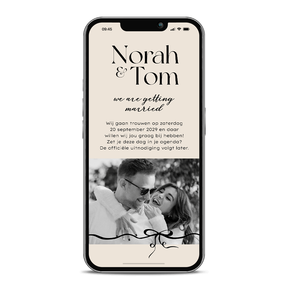 Digitale Save the Date kaart met foto en strik