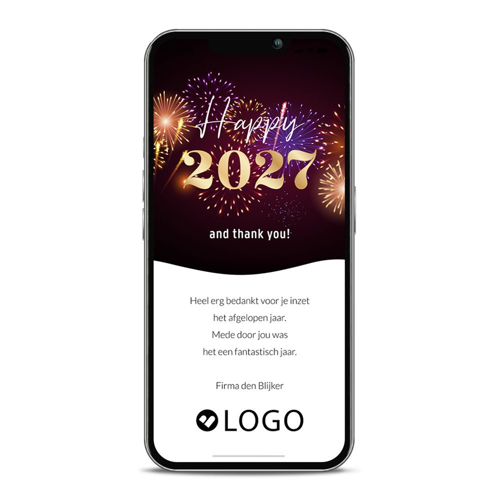 Digitale nieuwjaarskaart met jaartal, vuurwerk en eigen logo