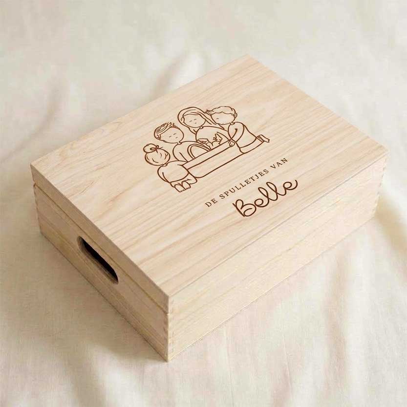 Memorybox geboorte hout broertjes zusjes mozesmandje