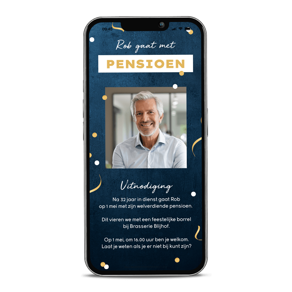 Digitale uitnodiging pensioen feestje met eigen foto en confetti