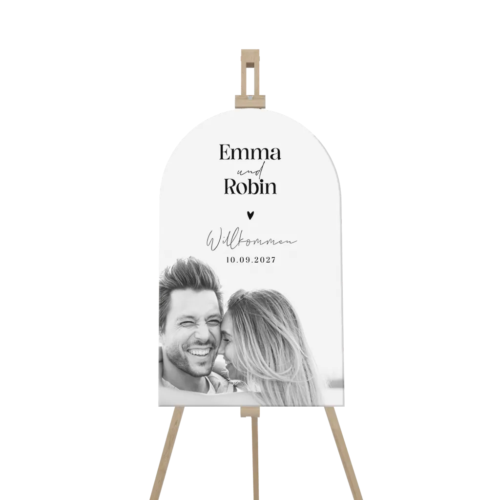 Bogenförmiges Willkommensschild mit Foto in modernem Schwarz-Weiß Look