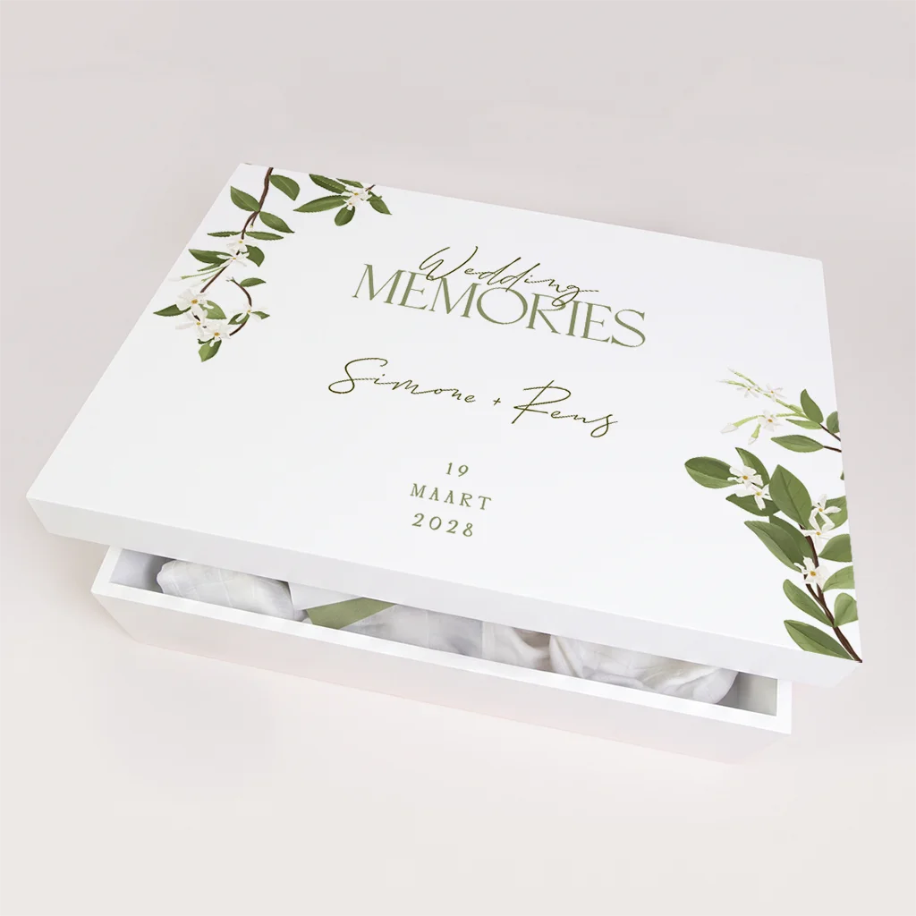 Memorybox huwelijk met Toscaanse jasmijn en stijlvolle typografie