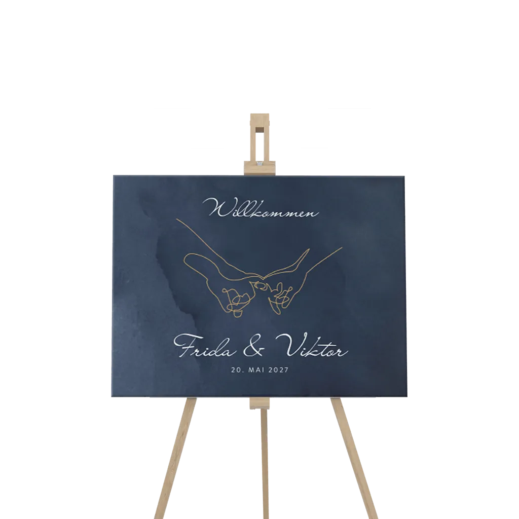 Dunkelblaues Willkommensschild mit Strichzeichnung von Händen