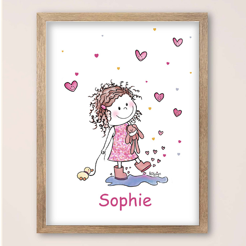 Kinderkamerposter meisje met hartjes – gepersonaliseerd met naam