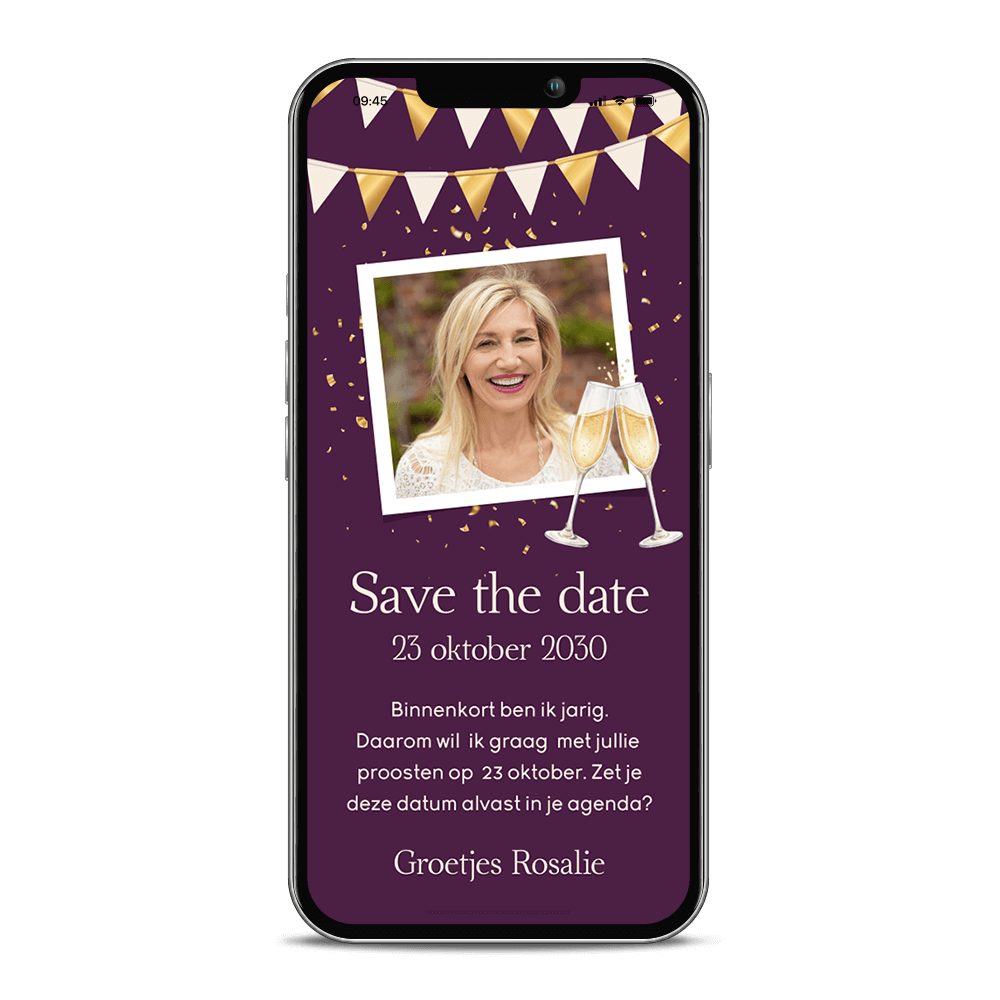 Digitale Save the Date verjaardagsfeest met slingers en foto