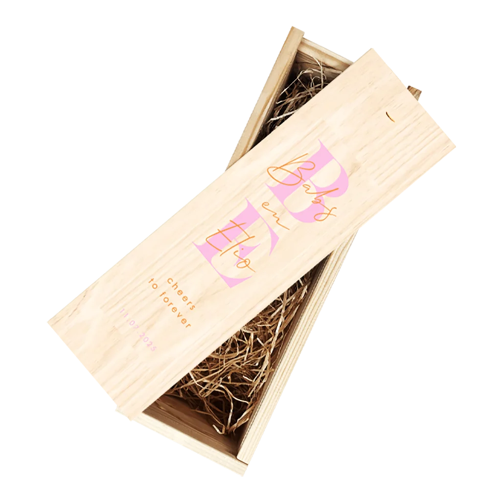 Wijnkist cadeau huwelijk color blocking roze oranje