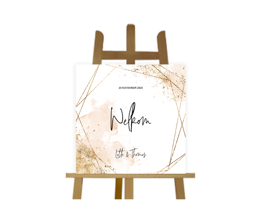 Bruiloftsbord met roze waterverf en gouden geometrische vormen