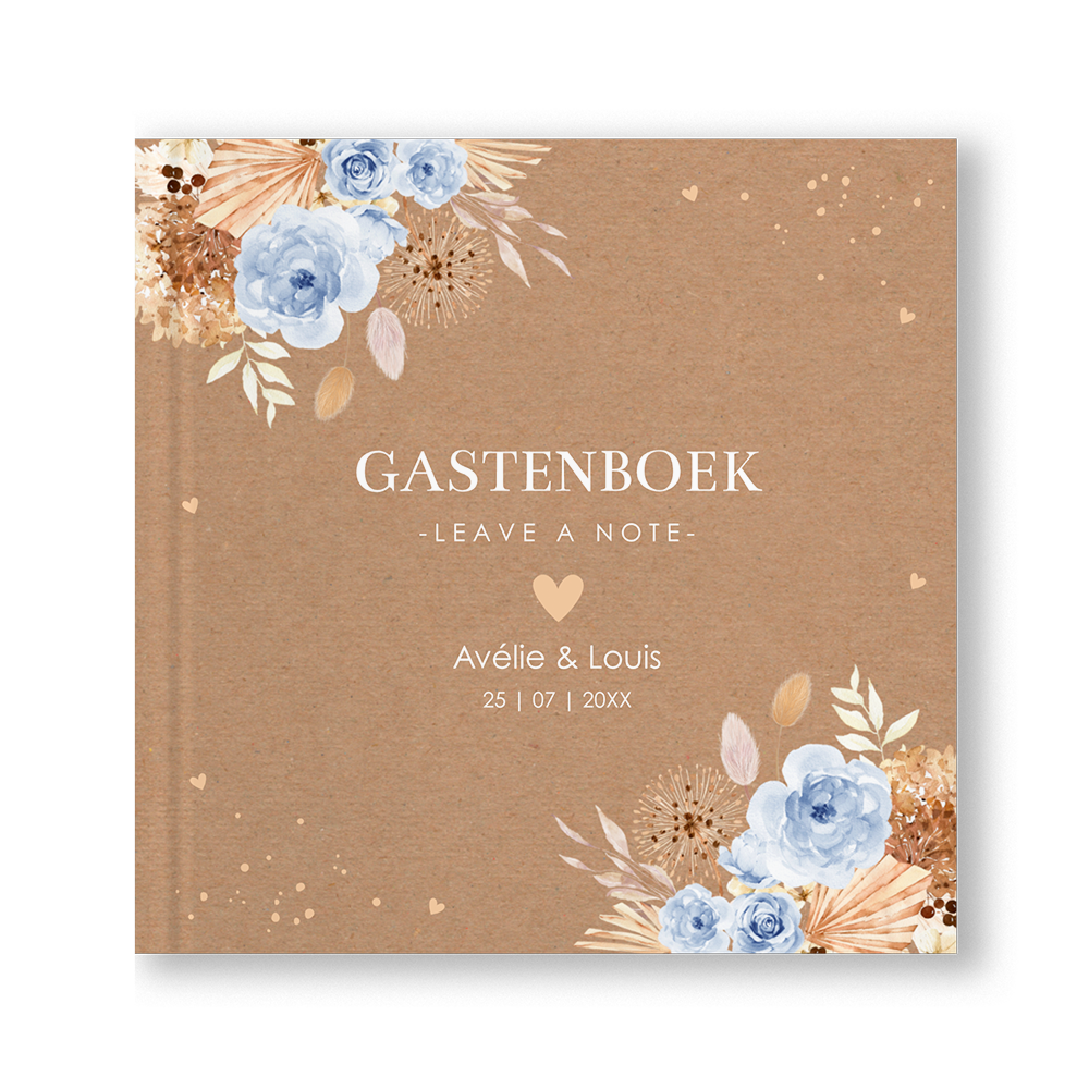 Gastenboek huwelijk bohemian bloemen blauw kraftlook