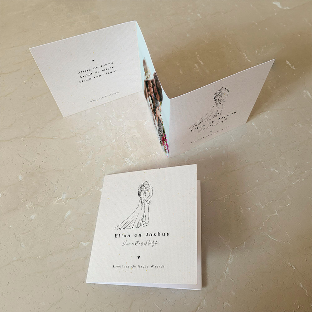 Drieluik trouwkaart met lijntekening en eigen foto
