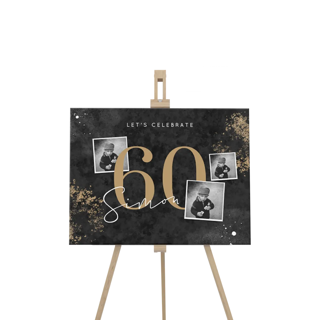 Willkommensschild für 60sten Geburtstag im Querfomat mit drei Fotos