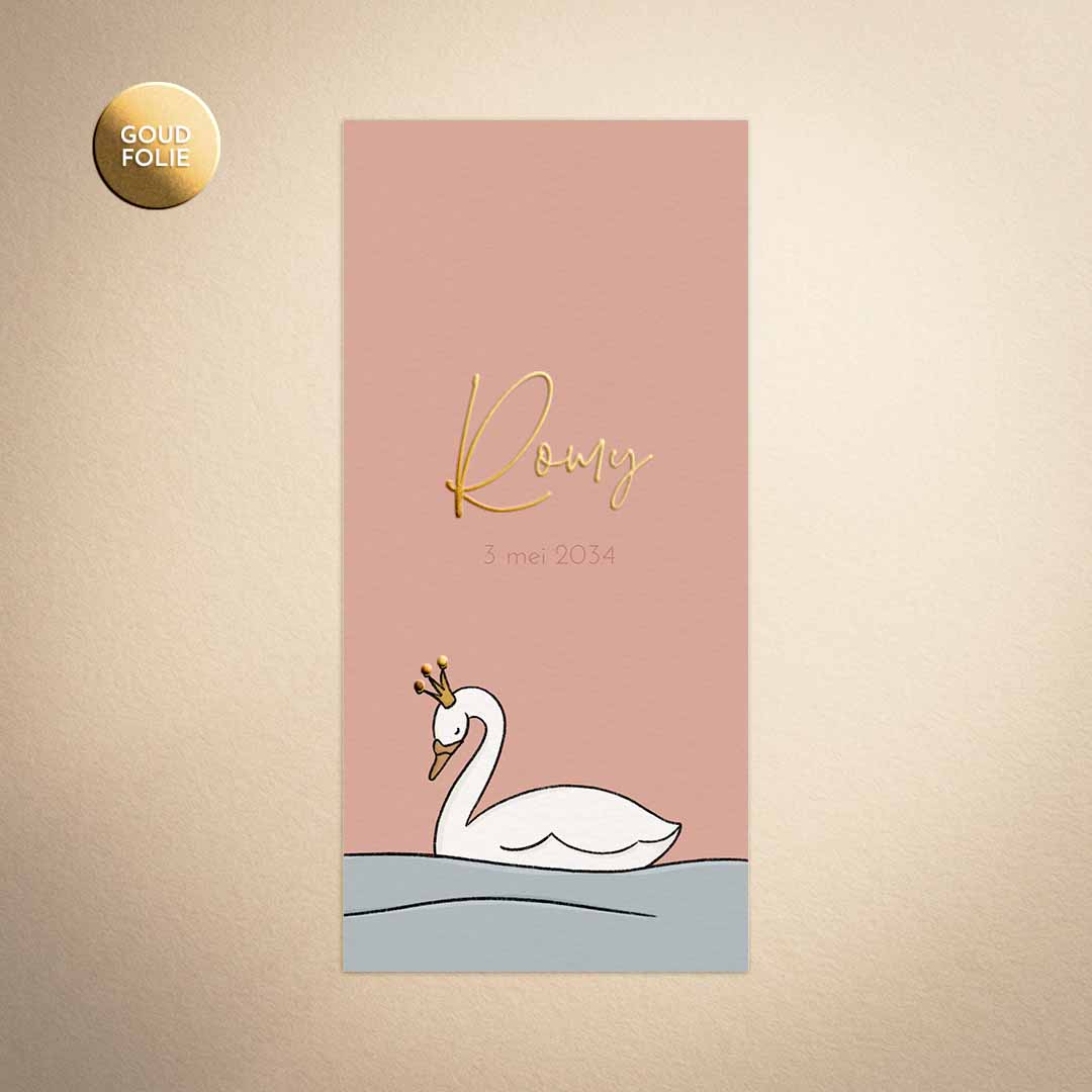 Lief geboortekaartje met goudfolie en zwaan voor een meisje