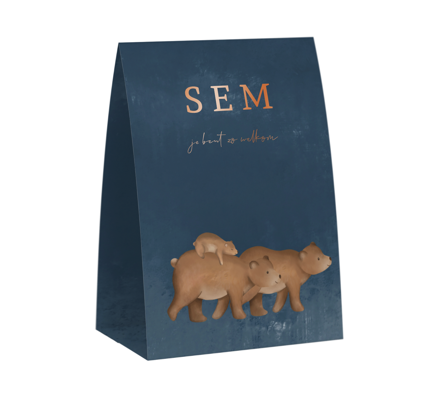 Blauw geboortekaartje tentvorm met beren en hoogglans