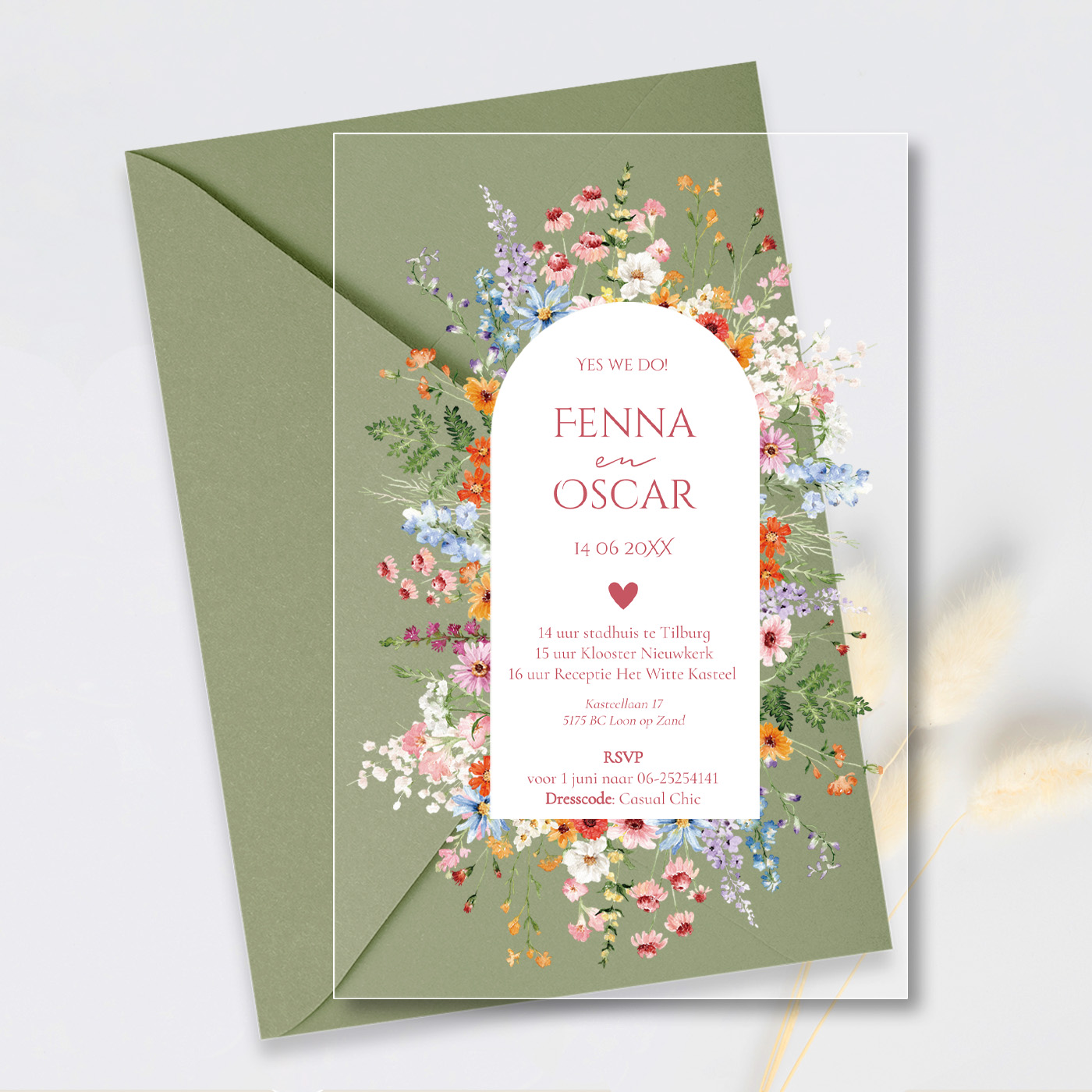 Acryl trouwkaart transparant gekleurde bloemen